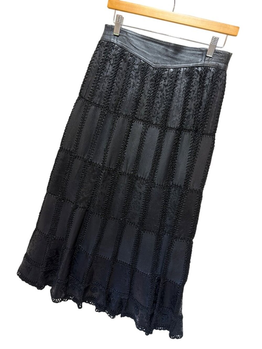 European Artisan Handcrafted Black Leather & Floral Crochet Lace Patchwork A-Lin